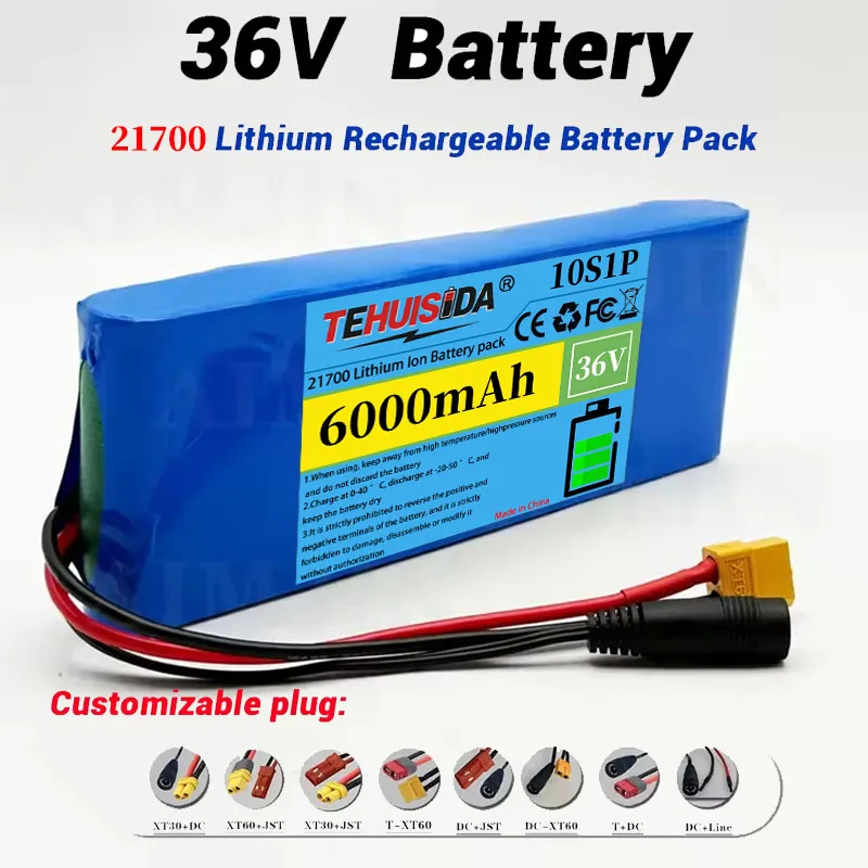 10S1P Large Capacity 36V 6000mAh Battery 21700 Rechargeable Lithium-ion Battery Electric Vehicle Motorcycle 20A BMS 500W