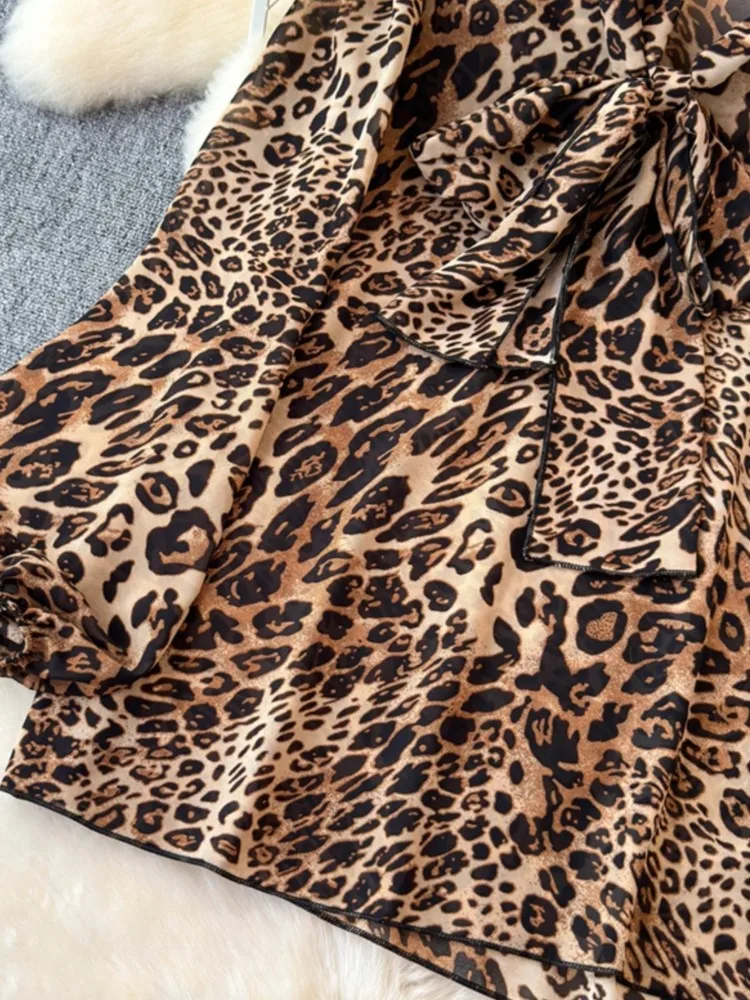 Camisas leopardo elegante de manga comprida feminina, roupas casuais com decote em v vintage, tops chiques soltos em chiffon, roupas de uma peça, moda outono