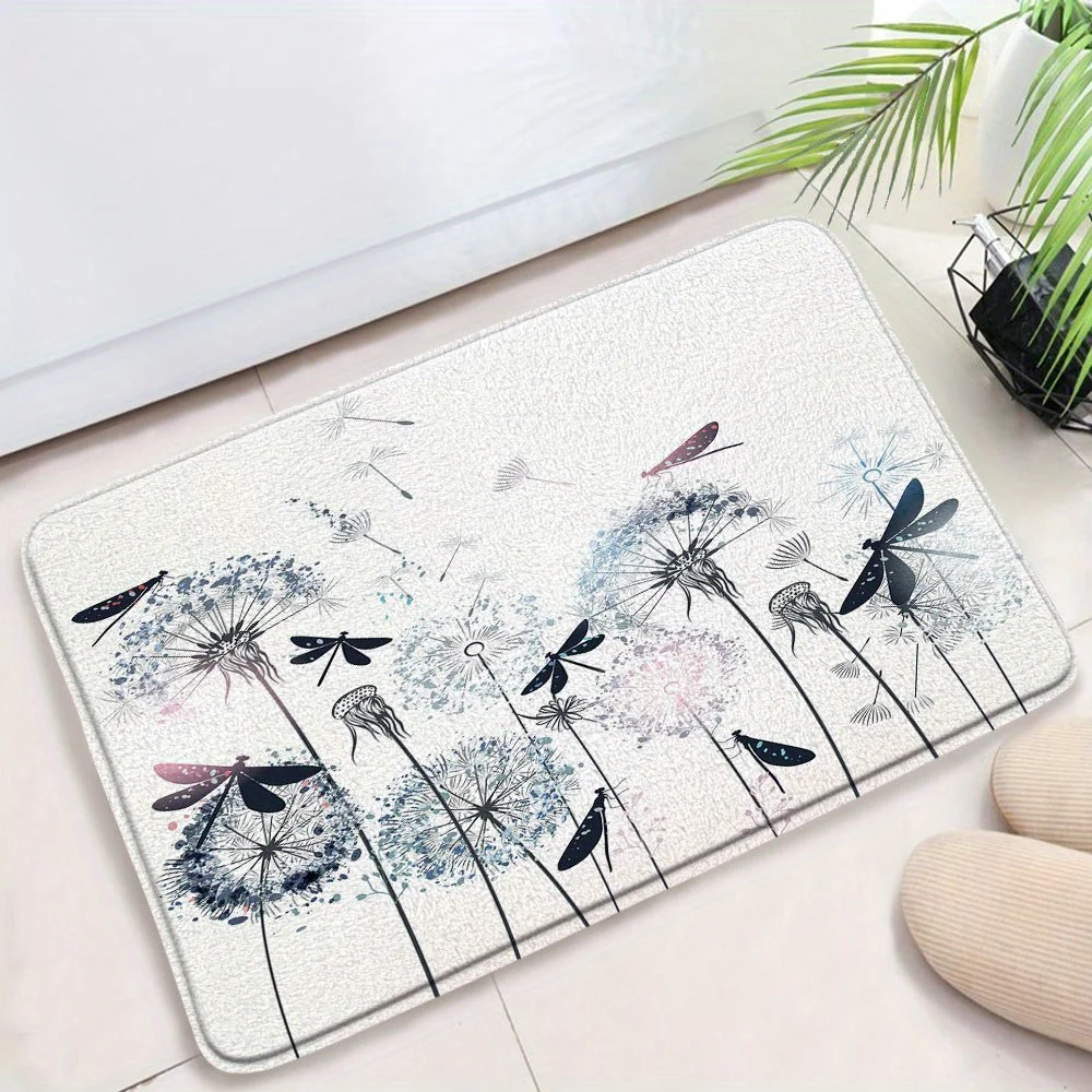 Illustrated Dandelion & Dragonfly Doormat  Gray-Blue and Pink Print on Textured White Base, 45×75 cm Decorative Indoor Floor Mat