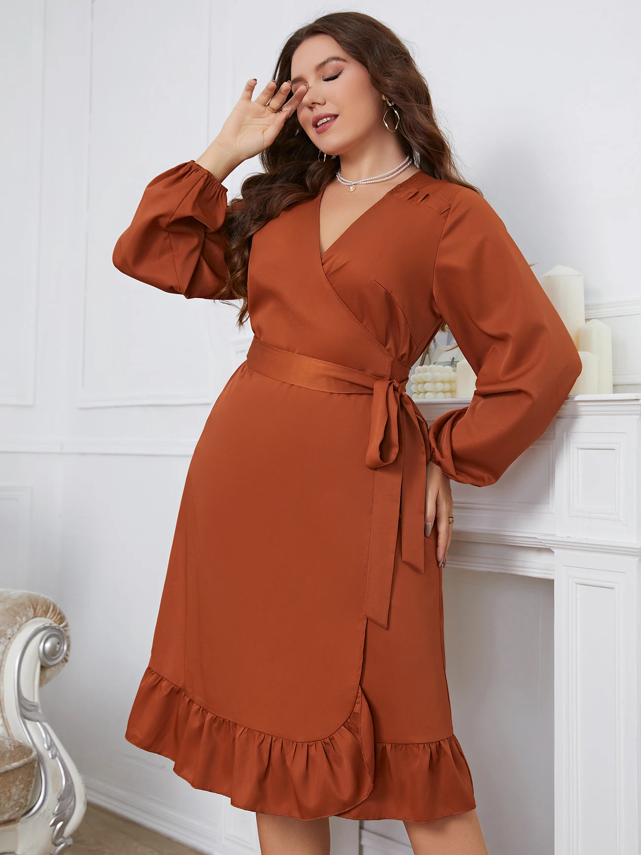 KEBY ZJ Damska sukienka midi Plus Size z długim rękawem Swing Midi Dress V Neck Wrap Belted A Line Ruffle Trim Tie Side Robe odzież