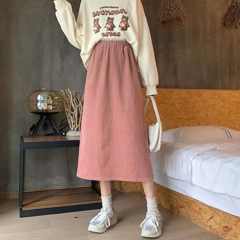 

Corduroy Elegant Simple Thicken Split Skirts 2023 Autumn Winter Fashion Women Skirts Elastic Waist Slim Wrap Hip A-Line Skirts