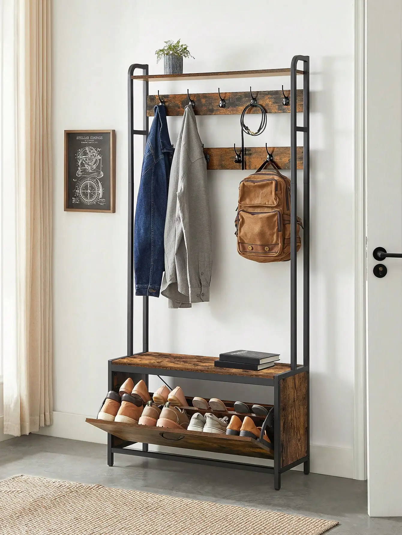 Appendiabiti VASAGLE con scarpiera, panca per albero Hall, 9 ganci, ripiano superiore, Organizer per