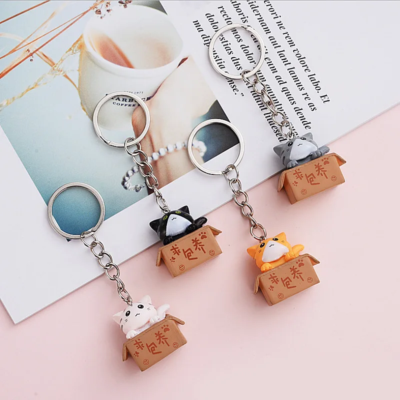 Creative Cat Box Keychain for Couple Cute Cartoon Kitten Animal Key Ring Funny Design Bag Pendant Kids Girls Birthday Gift