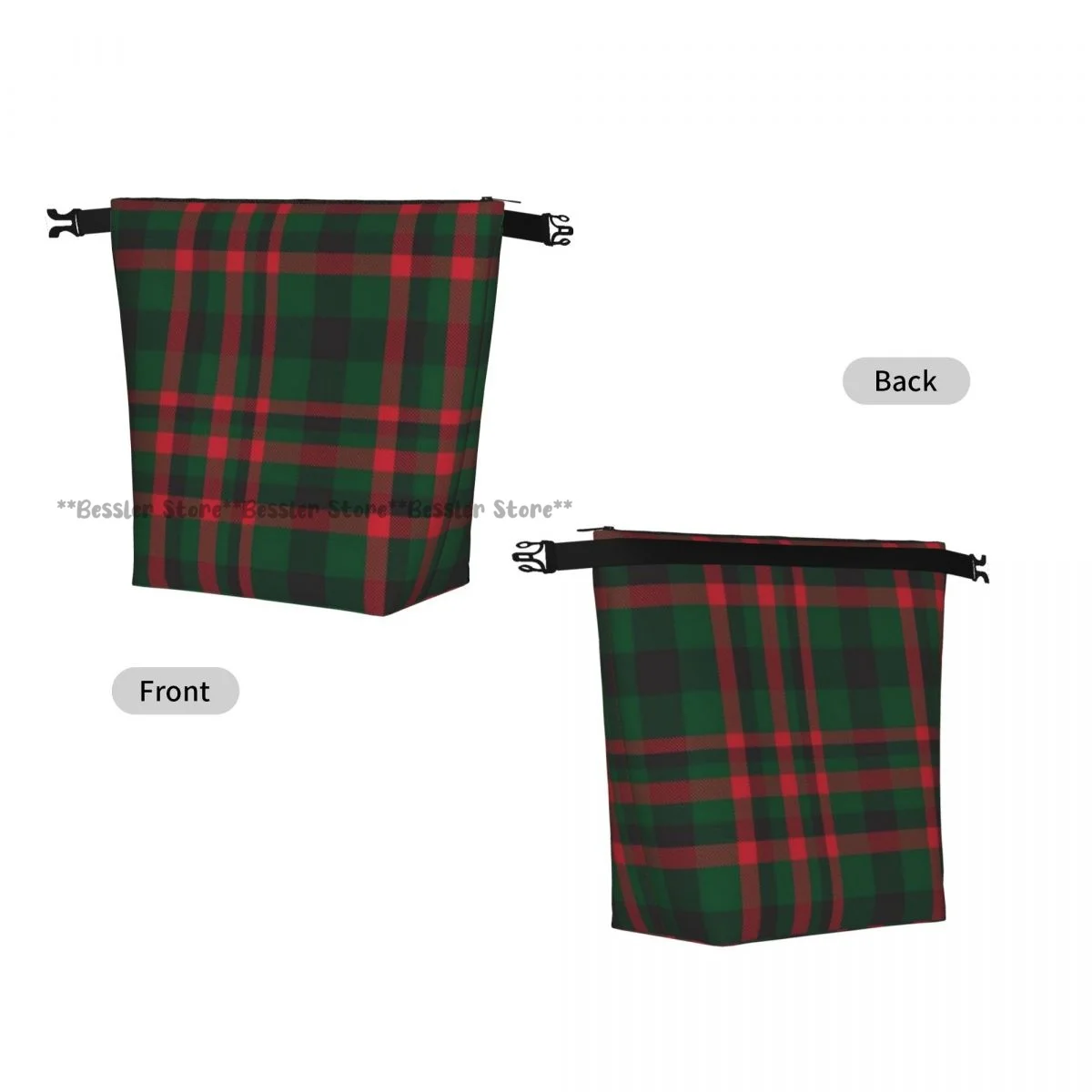 Foldable Roll-Top Thermal Lunch Bag Christmas Plaid Checkered Tartan Print Insulation Lunch Box Carrier for Picnic Hiking
