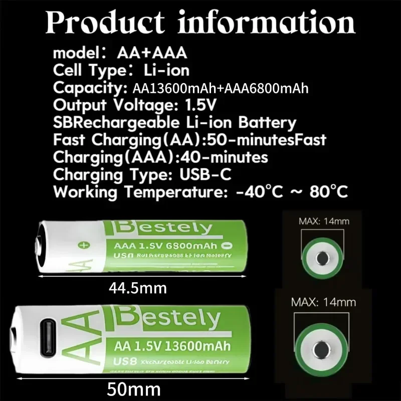 New 1.5V AA 13600mAh & AAA 6800mAh Rechargeable Lithium Batteries 2000 Cycles Fast Charging W/ Free USB-C Cables