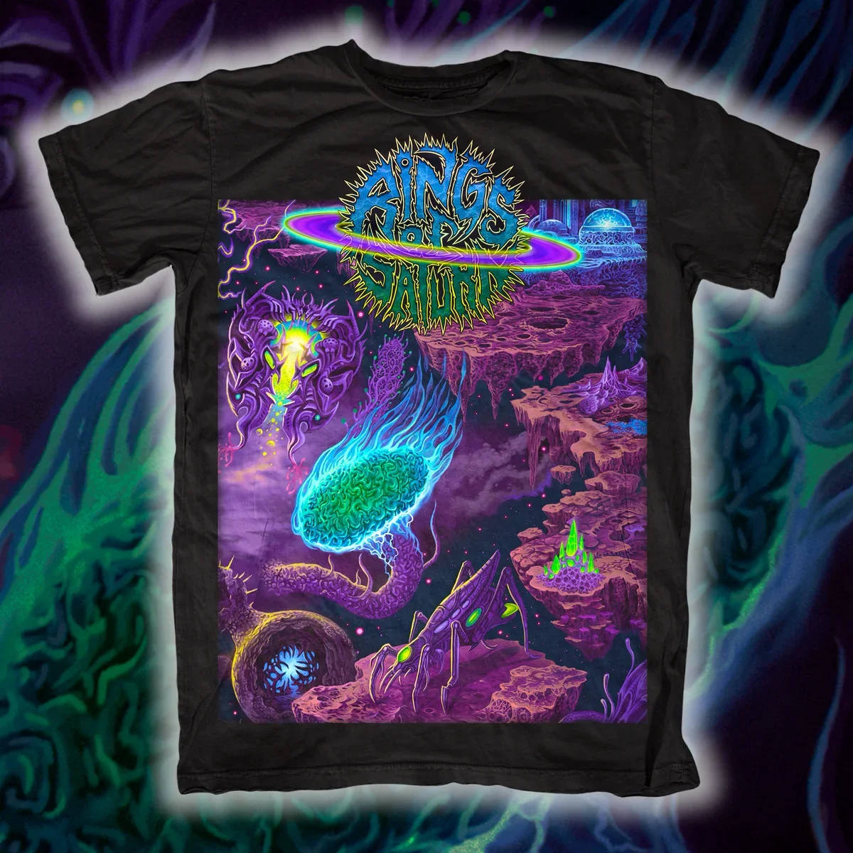 Rings of Saturn Bizarre Alien Planet Dark Death‑Metal Theme Print T‑Shirt, Equipped with Eye‑catching Full‑print Surreal