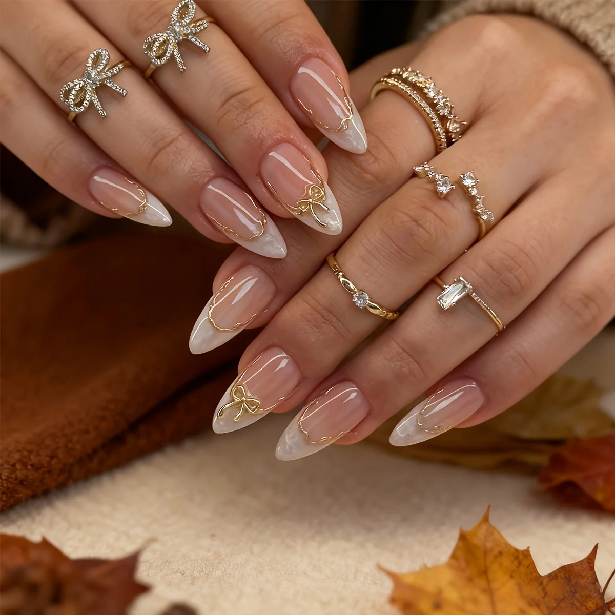 24 Pieces of White Pointed Nail Art Patches, Medium Almond Shaped Gradient Nail Stickers, with Gold 3D Bow for Wearing Nail image 4