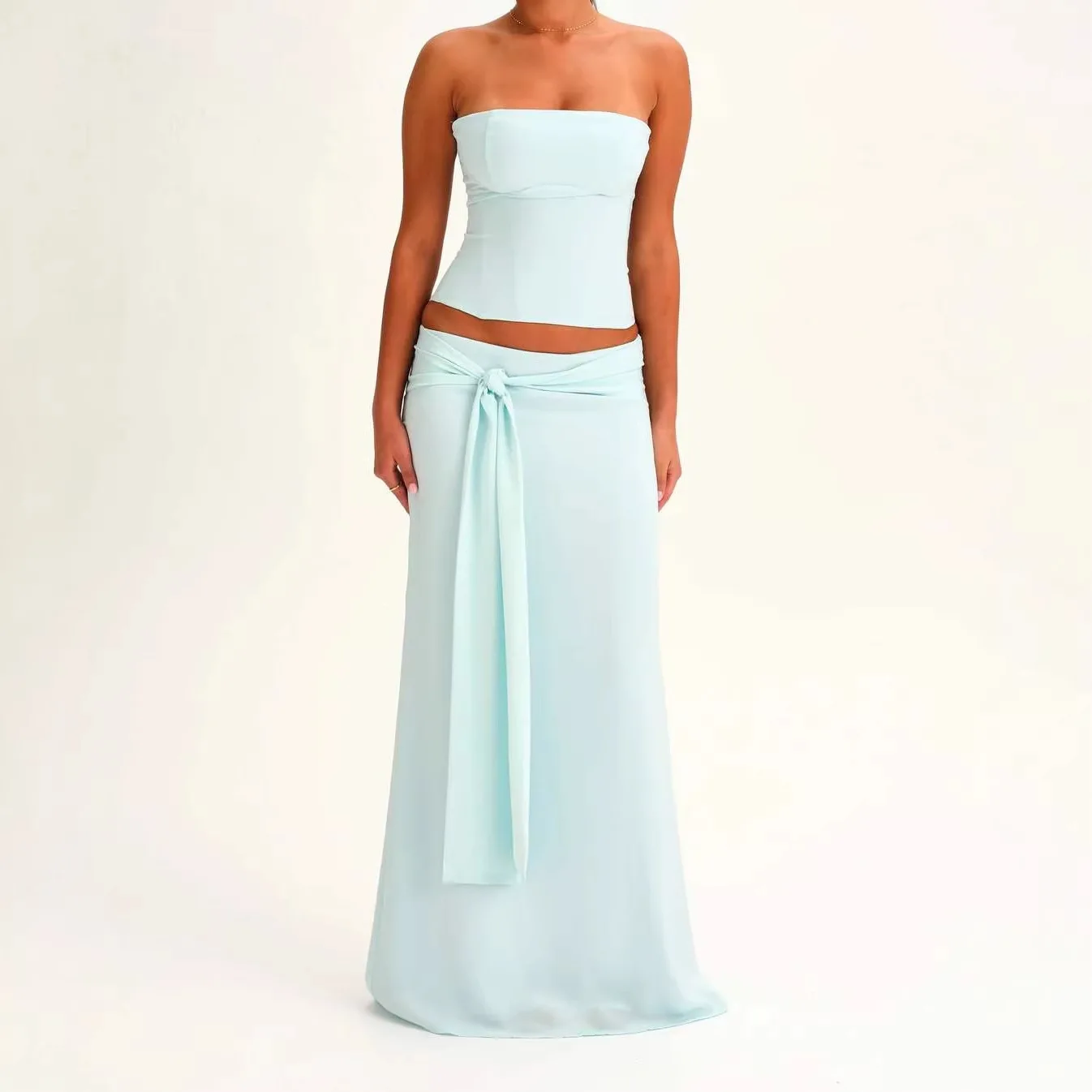 Women Dress Sets Sexy Strapless Tops Slim Fit Skirts High Waist Ankle Length Skirt Summer 2026 Two Pieces Spliced Solid image 2