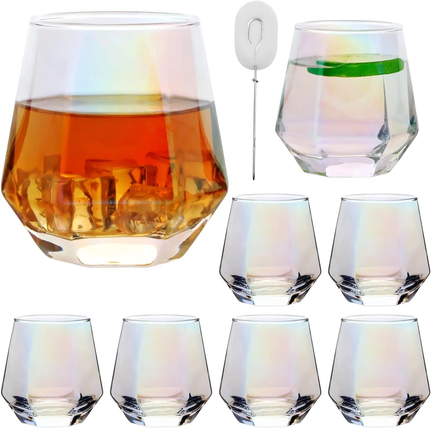 

Diamond Wine Glasses Set of 8,Iridescent Stemless Red Wine Glass Cup,Geometric 10 OZ Christmas Wine Glassware White Wine