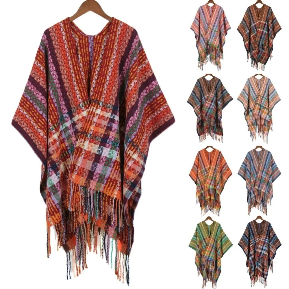 Fashion Bohemian Mongolian Poncho Gradient Color Keep Warm Knitting Wrap Cloak Ethnic Style Stripe Tassel Shawl for Women