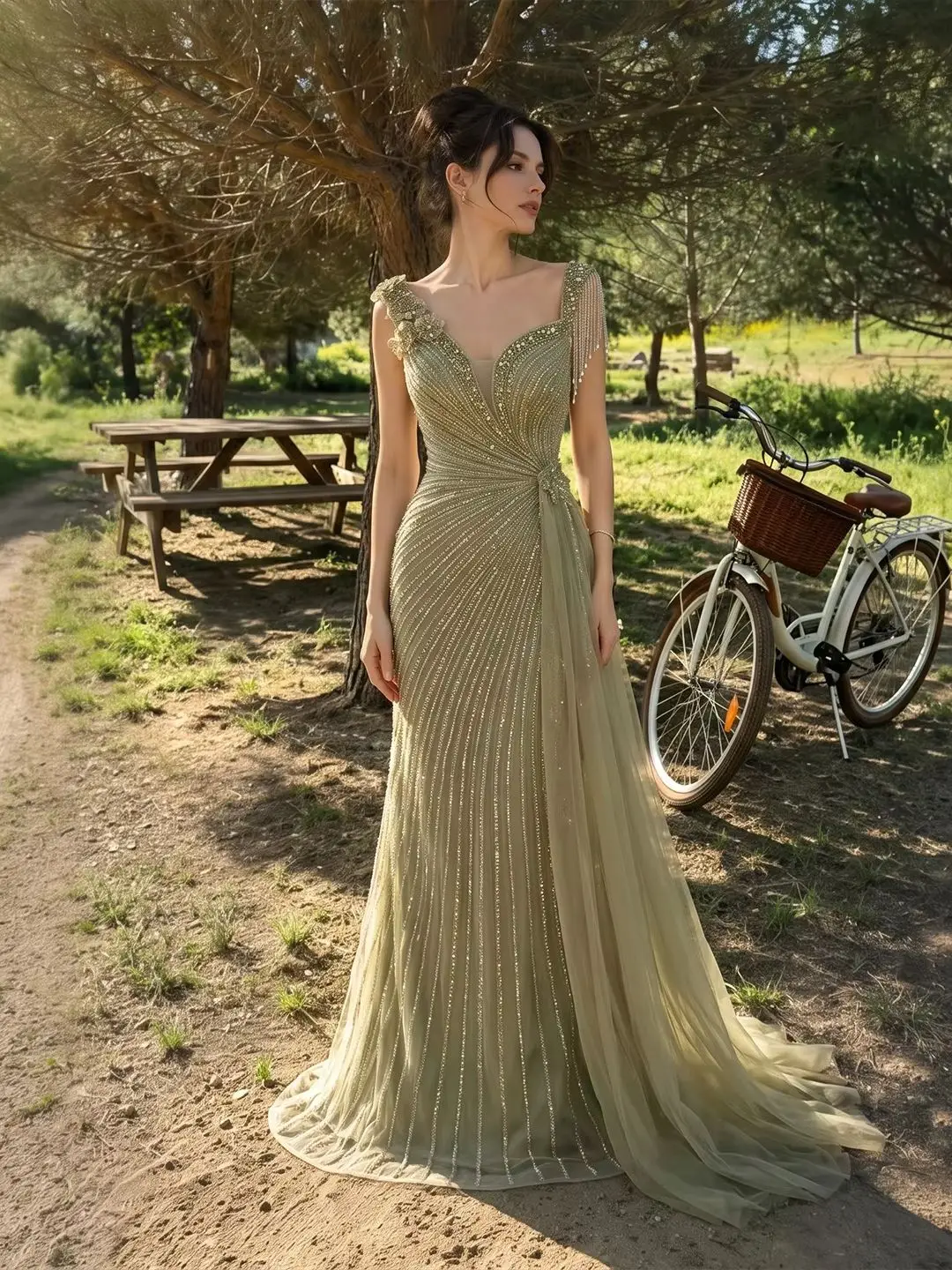 Sharon Said Abendkleid Glamouröses Grünes Tüllkleid mit Perlen und Quasten, Sweetheart-Ausschnitt, Luxuriöses Dubai-Formelles Hochzeits- und Partykleid SS103 Maßanfertigung – Detail 5