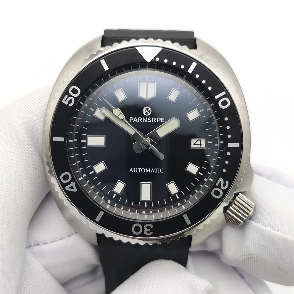 PARNSRPE NH35 43.5mm Black Logo Dial Diver Watch, Sapphire Crystal Solid Caseback Rubber Strap Waterproof, Sports Watch