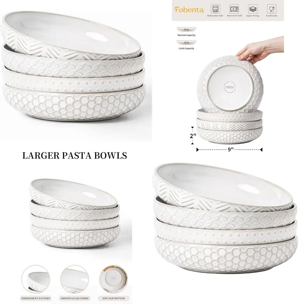 

Large 9-Inch Embossed Ceramic Pasta Bowls Set, 42 oz, 4-Piece, Ideal for Pasta, Salad, and Fruit, Durable, Stackable, Safe for M