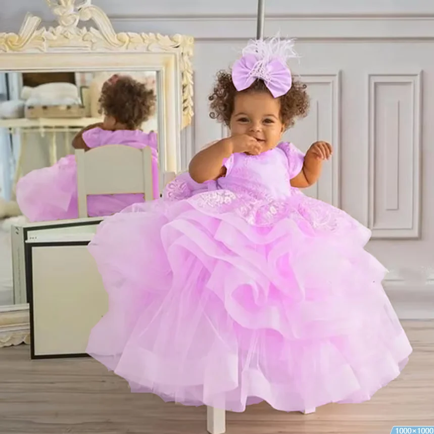 

Girl Clothes Ruffled Bow Puffy Short Sleeves Flower Girl Dress Delamination First Communion Birthday Prom Party Customization