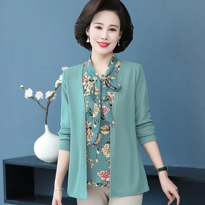 Damska koszulka z krótkim rękawem T-shirt szeroka dama modna dzianinowa fałszywa dwuczęściowa koszulka z długimi rękawami