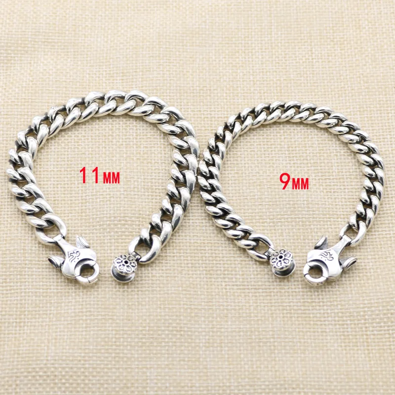 Japan and South Korea 925 sterling silver Om mani padme hum bracelet men's wide face cherry blossom retro Thai silver bracelet f