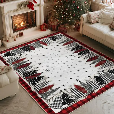 Red Plaid Xmas Tree Merry Christmas Area Rug, Winter Home Decor Washable Rug for Entryway Bedroom Living Room Room Office Indoor