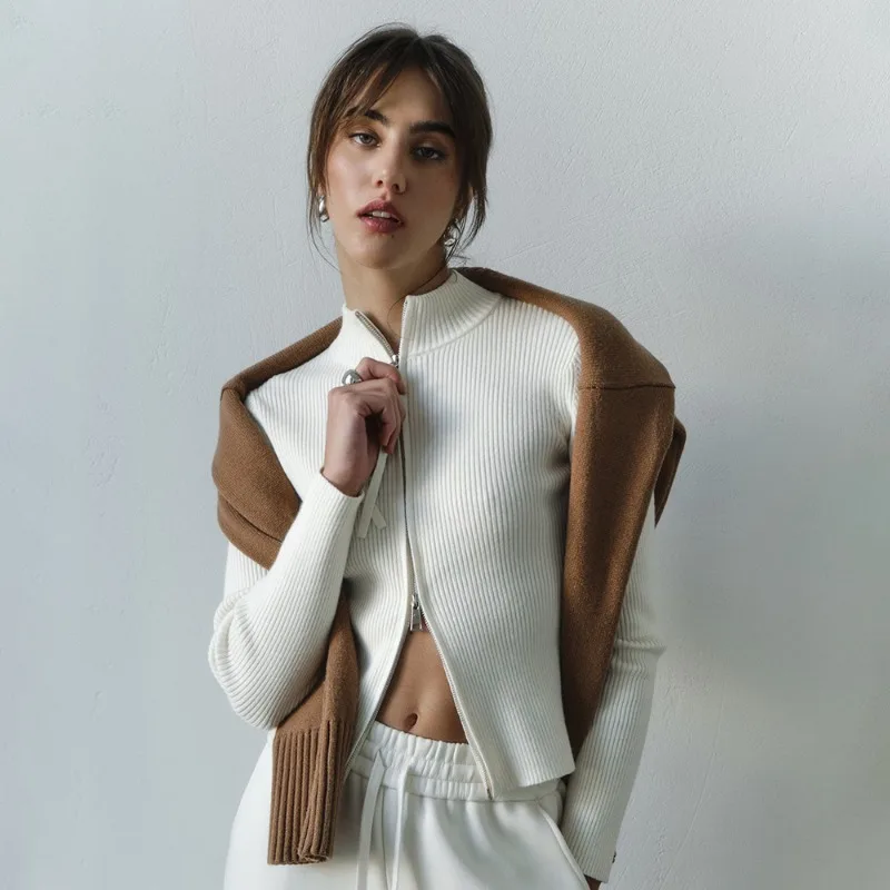 Doppelter Reißverschluss, solide, gerippte Strickjacken für Damen, O-Ausschnitt, lange Ärmel, schmaler lässiger Pullover, Jacken, 2025, Herbst-Winter, Caots