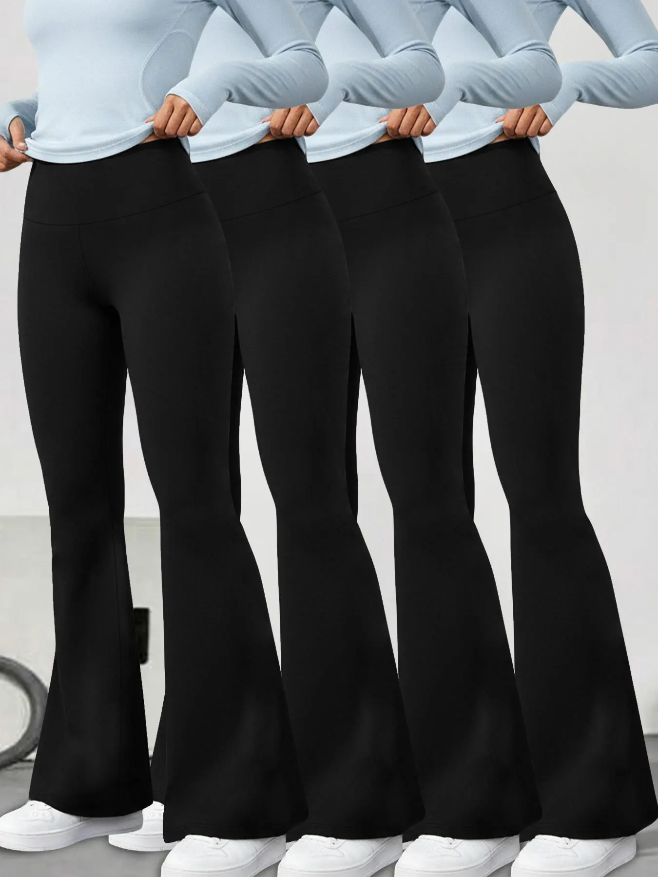 

Комплект из 4-х женских расклешенных брюк для йоги с высокой талией и расширяющимся низом штанин. Идеально подходит для йоги или для отдыха.