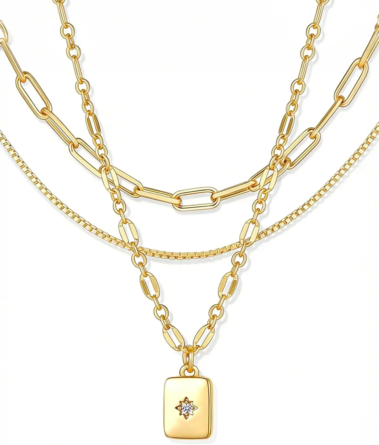 Colares Dourados em Camadas para Mulheres, Modernos, Conjunto de 3 Peças, Colar Choker Banhado a Ouro 14K com Corrente Paperclip e Box