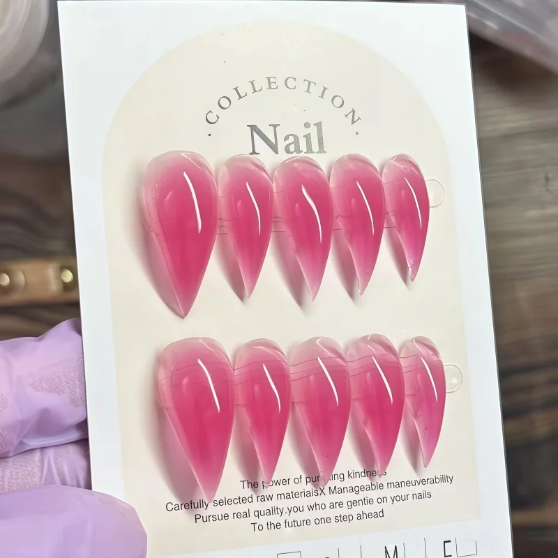 10 uñas postizas minimalistas dulces con degradado jelly en polvo, forma de cuchillo, transparentes nude con brillantina 3