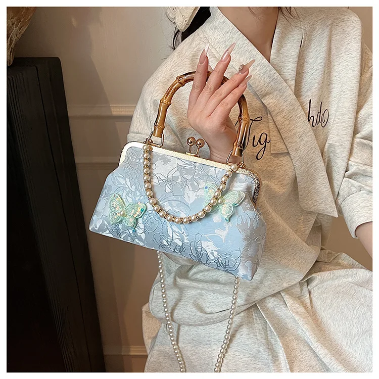 

2025 Chinese Style Embroidered Bamboo Handle Bag, Pearl Chain Crossbody Clutch for Women