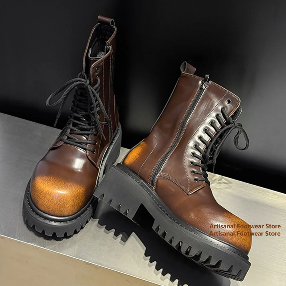 High-Top Thick-Soled Men's Boots Inner Height Increasing Workwear Leather Boots Designer Motorcycle Trendy Handmade Men's Boots