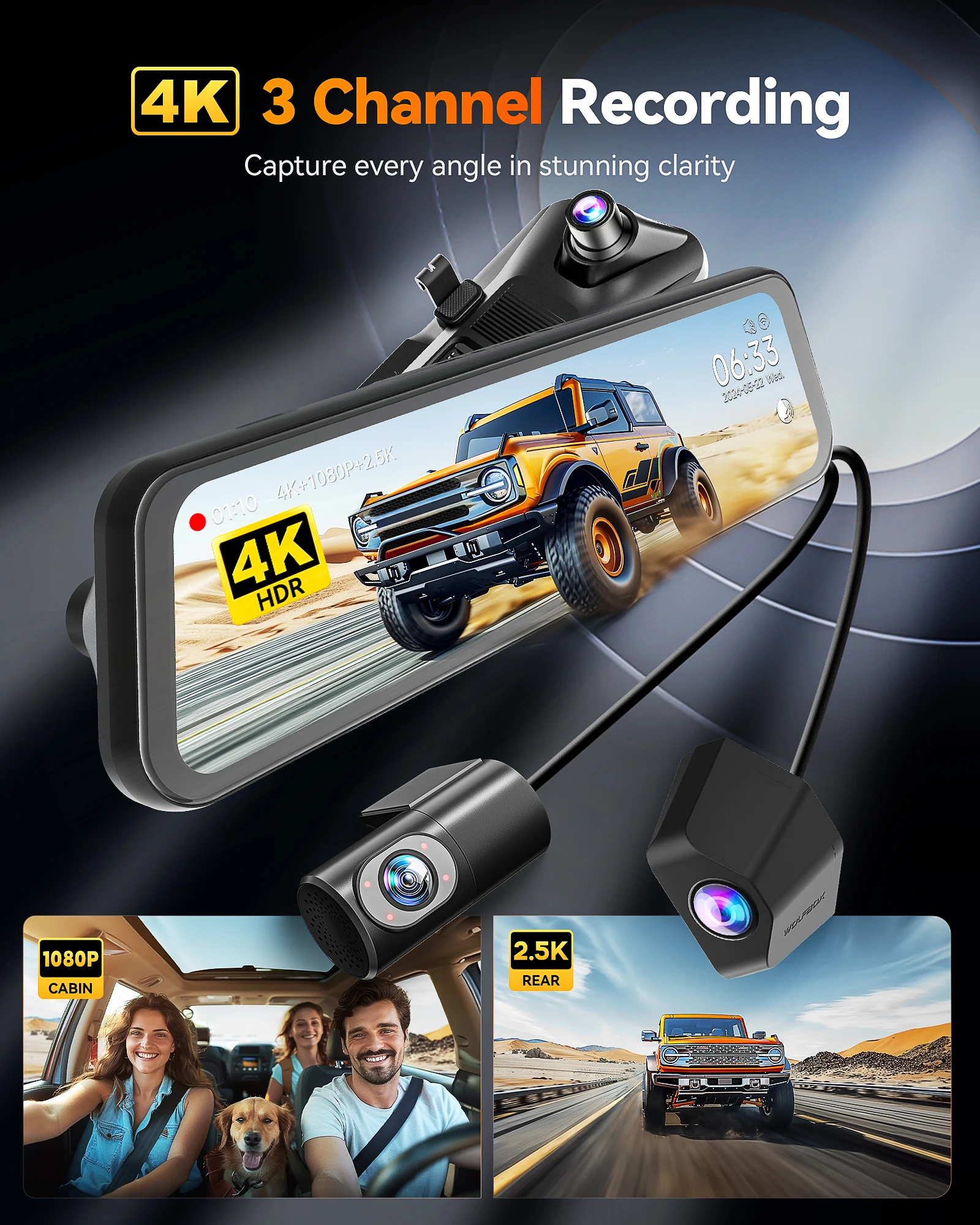 Wolfbox G900TriPro Distributor Bumper Version 3 Channel Rearview Mirror Dash Cam 4k Black Car     with Gps