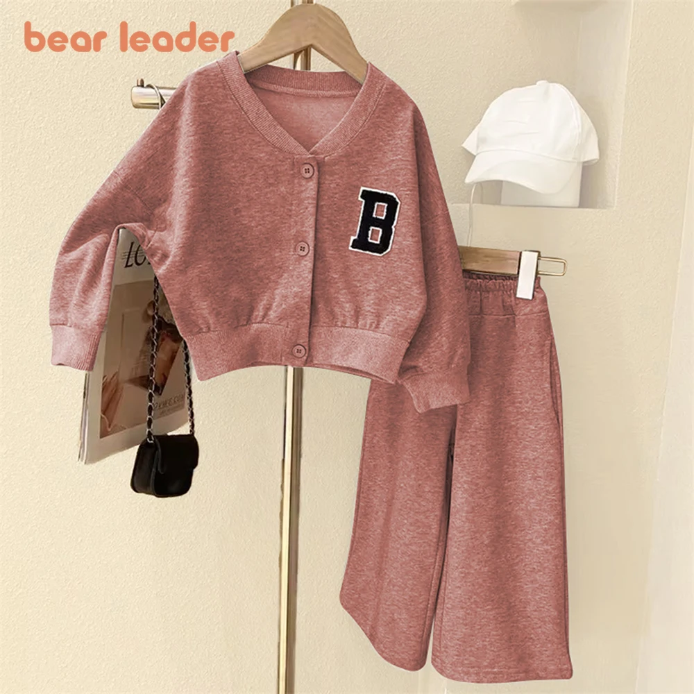 Bear Leader Autumn Korean Version Plain Girl Suit Casual Alphabet Single Breasted Jacket+Pants Sets 3-7 Years Sport Kids Outfits