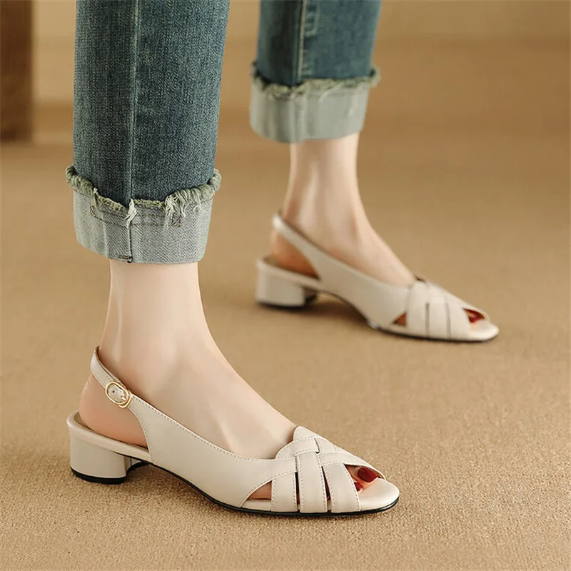 New Genuine Leather Summer Sandals Round Toe Chunky Heels Sandals for Women Zapatos Mujer Gladiator Shoes Fish Billed Sandals