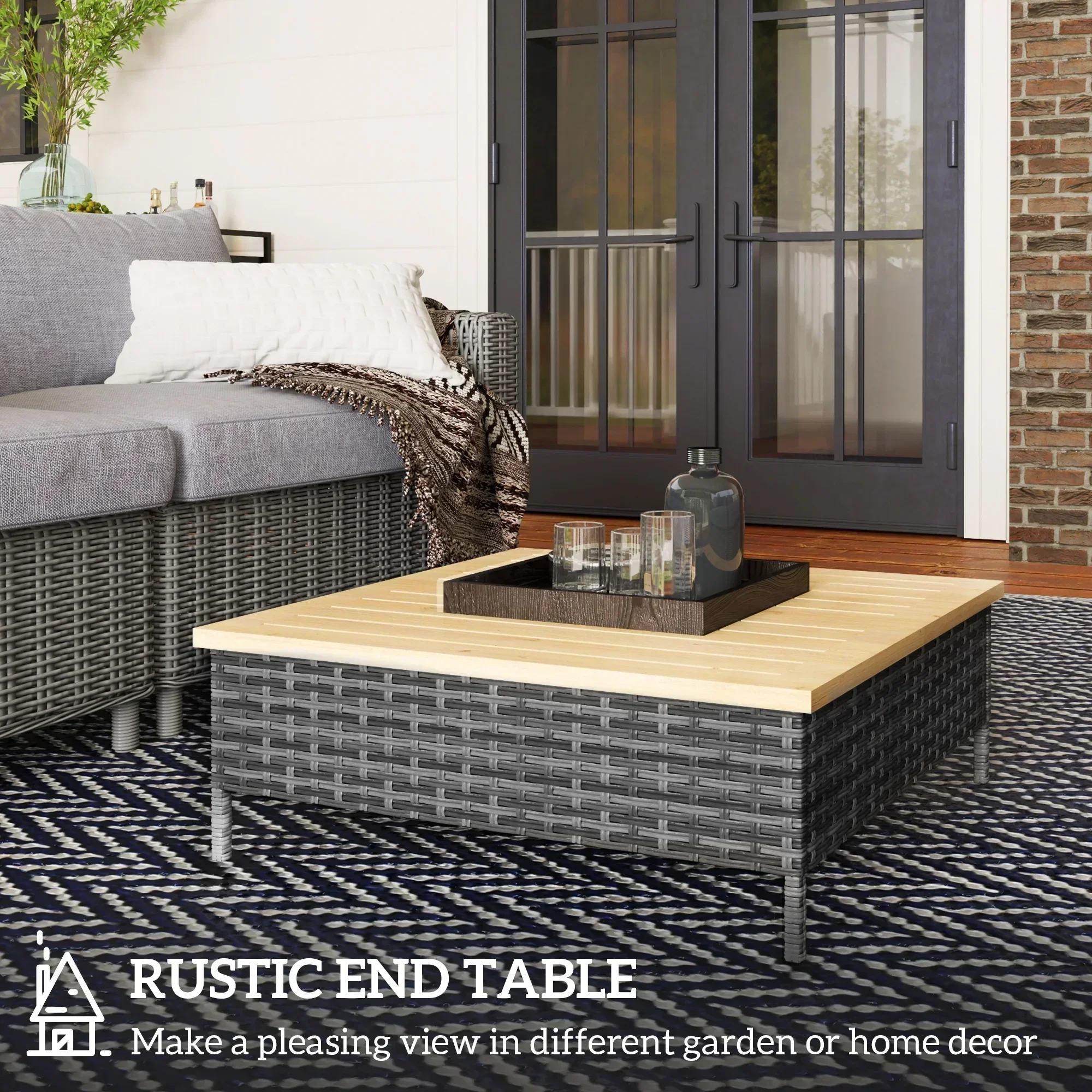 Modern Simple Style Outdoor Side Table Rattan Patio Coffee Table with Wood Top for Garden Balcony Pool