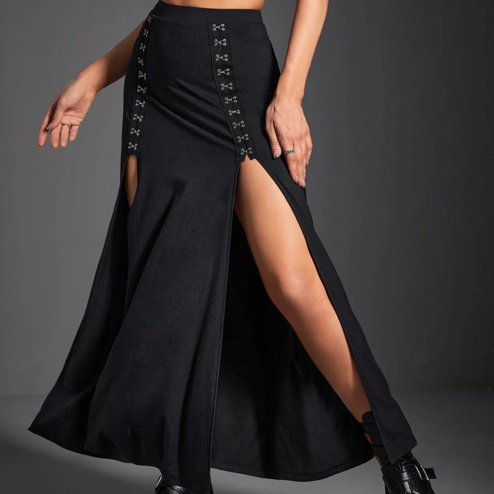 تنورة كلاسيكية داكنة قوطية للخريف/الشتاء للنساء - فتحة جانبية مثيرة مع لمسات معدنية، مثالية للحفلات ذات الطابع الشخصي