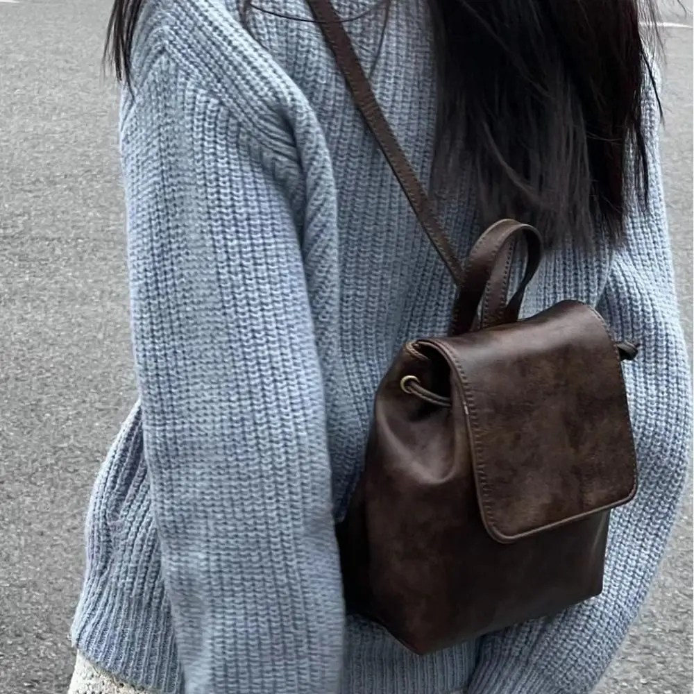 

PU Leather Drawstring Flap Backpack Korean Style Large Capacity School Book Back Fashion Retro Women Shoulder Bag Girl
