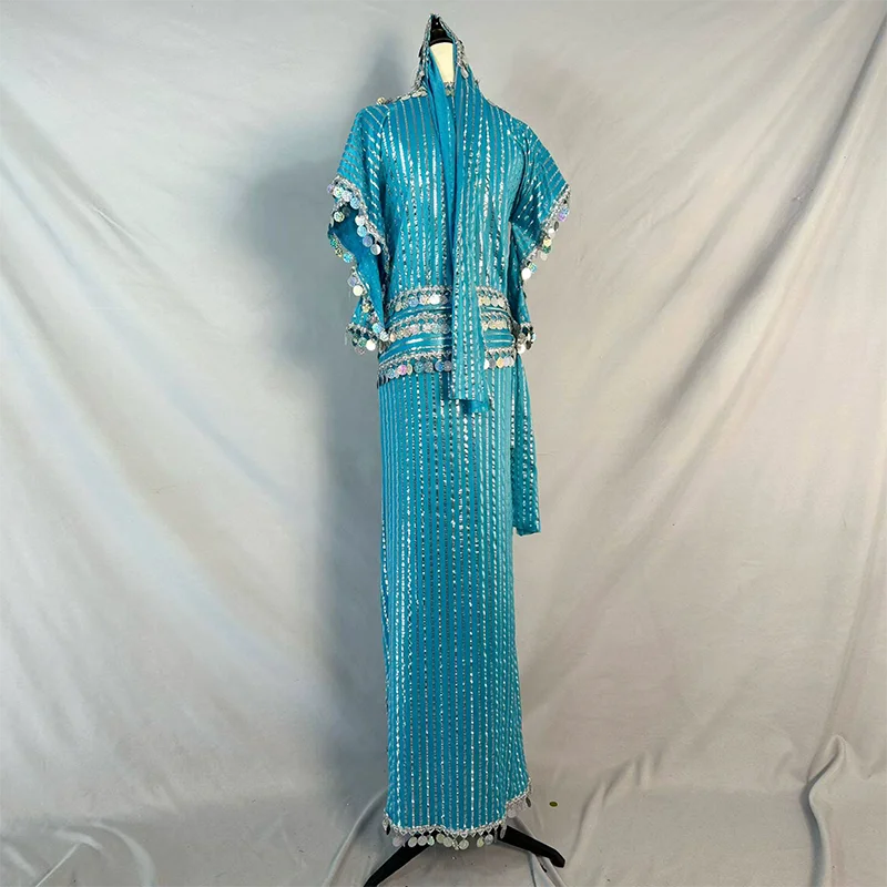 Bauchtanz-Outfit nach Maß: Pailletten-Robe + Kopftuch + Hüfttuch – Shaabi Baladi Saidi Performance-Kleidung für Folklore-Wettbewerbe – Detail 2