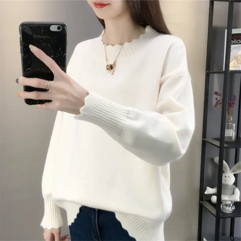 Women Autumn Winter Korean Loose Solid Color O-neck Long Sleeve Knitwear Ladies Fashion All-match Trend Knitting Bottoming Shirt