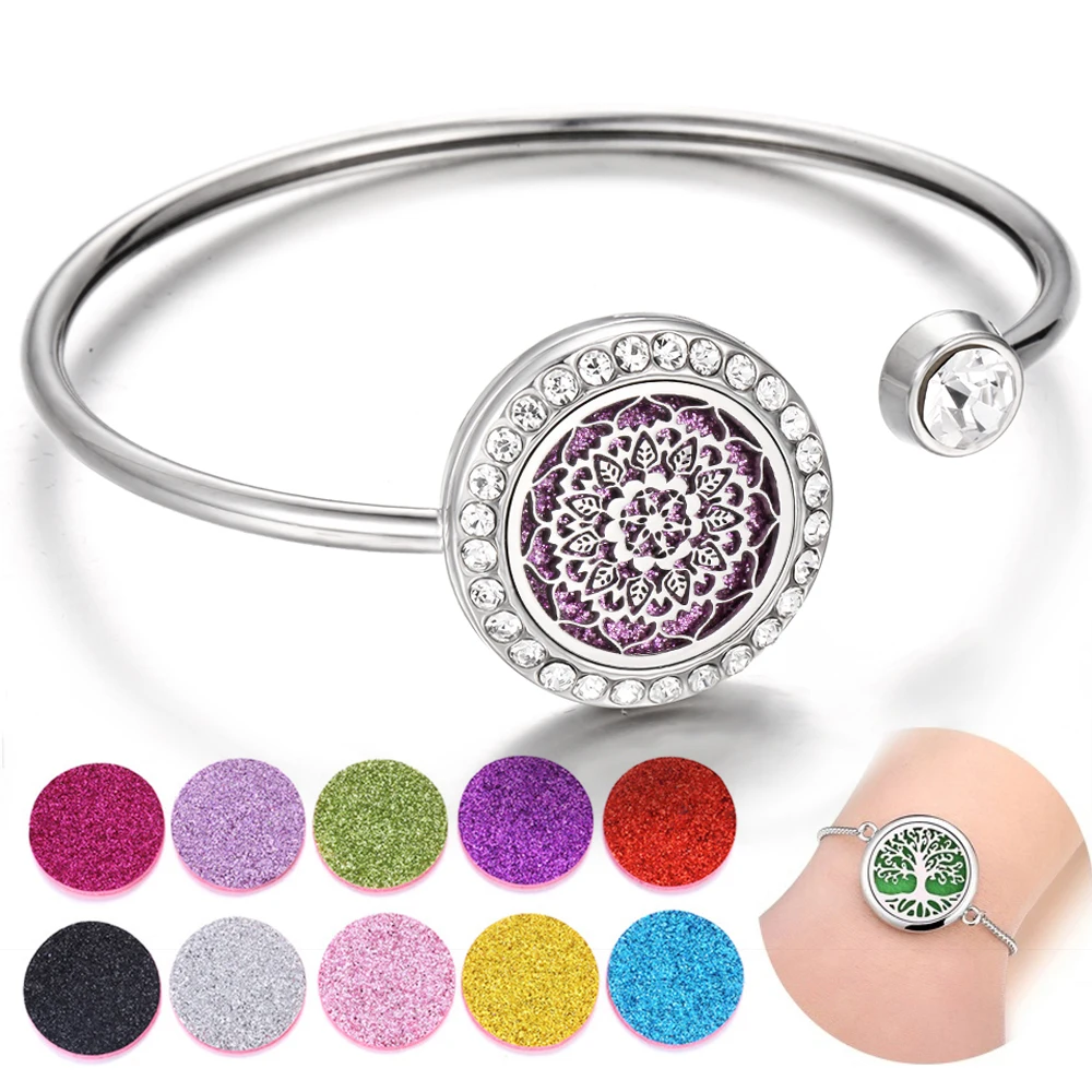 Rhinestone Aromatherapy Bracelet Cuff Bangle Kaleidoscope Flower Perfume Oils Aroma Diffuser Bracelet with Pads Dropshipping