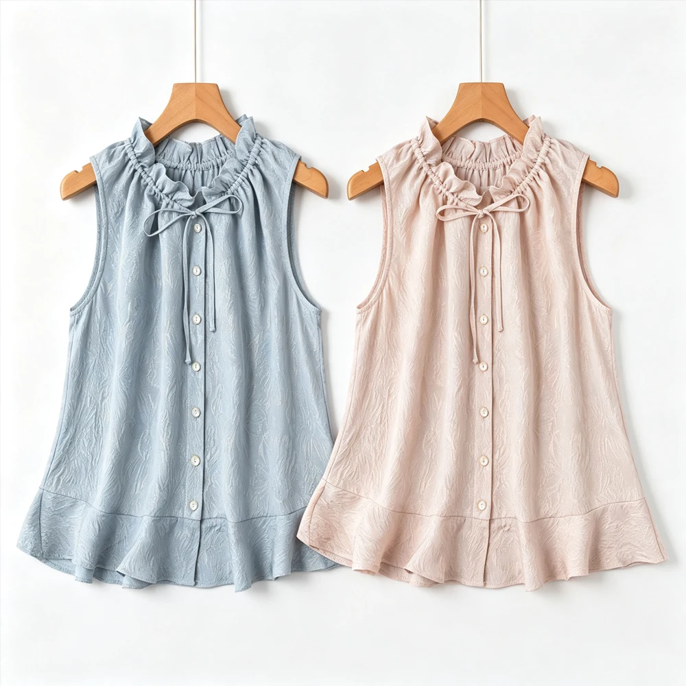 Women's Casual Summer New Light Luxury 100% Natural Mulberry Silk Jacquard GuanLe Crepe Fungus Collar A-line Ruffled Hem Vest