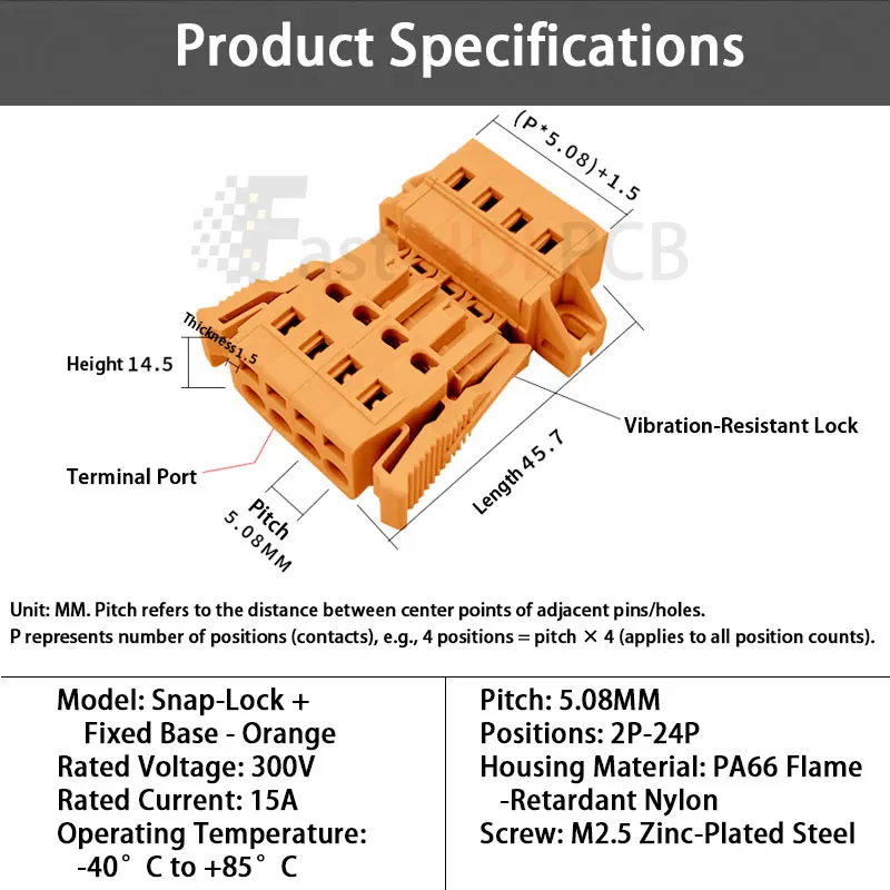 บล็อกขั้วต่อ MCS-5.08 เชื่อมต่อเร็ว - ตัวผู้/ตัวเมียปลั๊ก, เปลือกสีส้ม/กันการสั่นสะเทือน สำหรับเดินสายอุตสาหกรรม (ชุด 2P-24P)