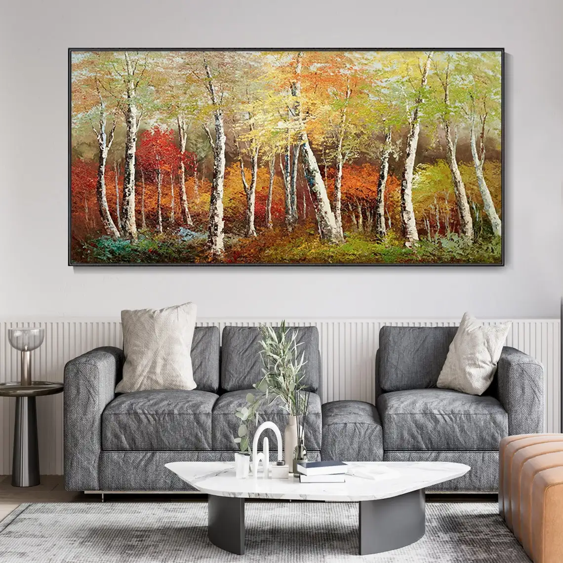 

Birch Forest Scenery Hand Knife Painting Boho Woodland Plant Texture Art Retro Landscape Canvas Hand Oil Painting Tree Wall Art