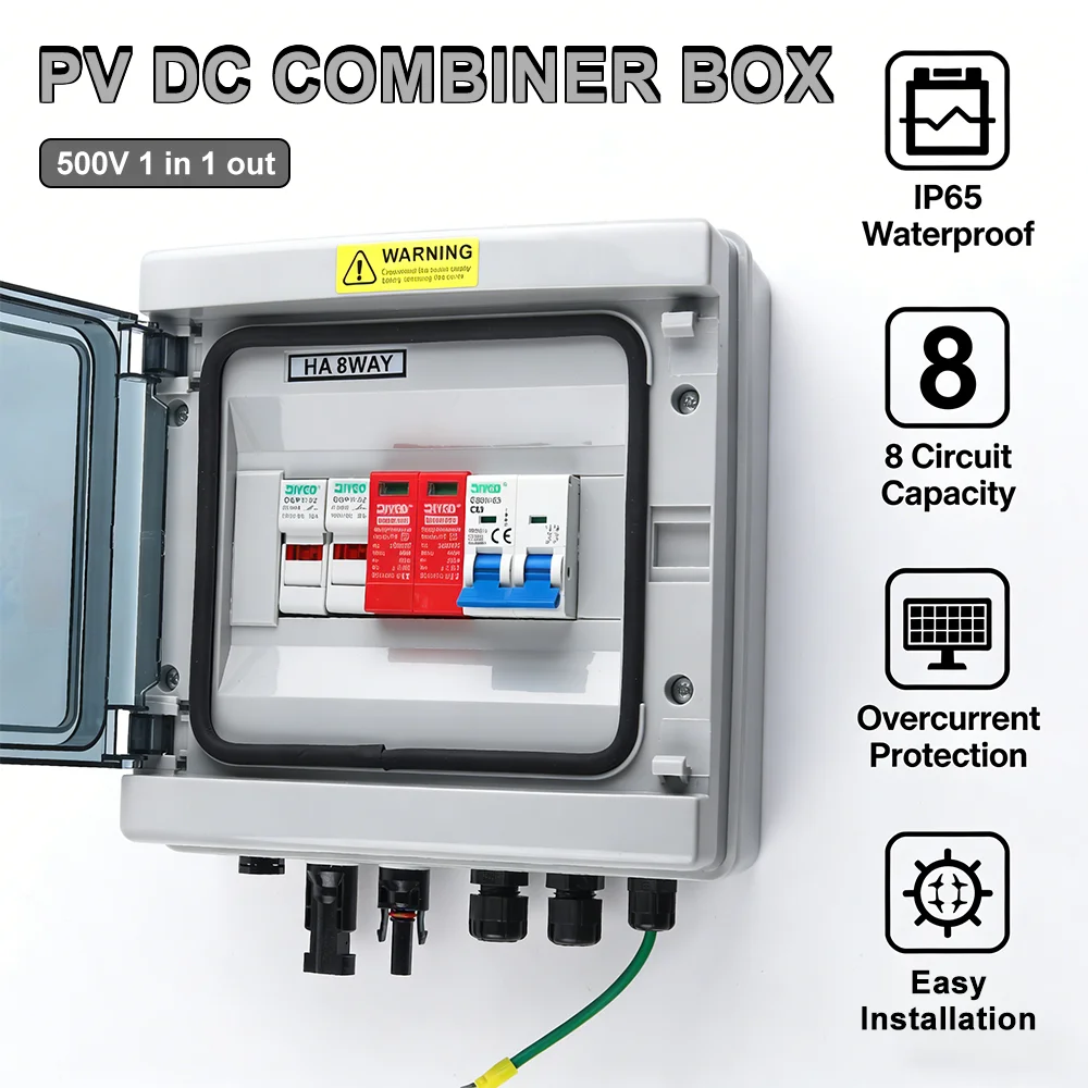 

Solar PV DC Combiner Box 500V 1 In 1 Out IP65 Waterproof Dustproof with SPD Surge Protection DC Fuse MCB for Solar Panel System