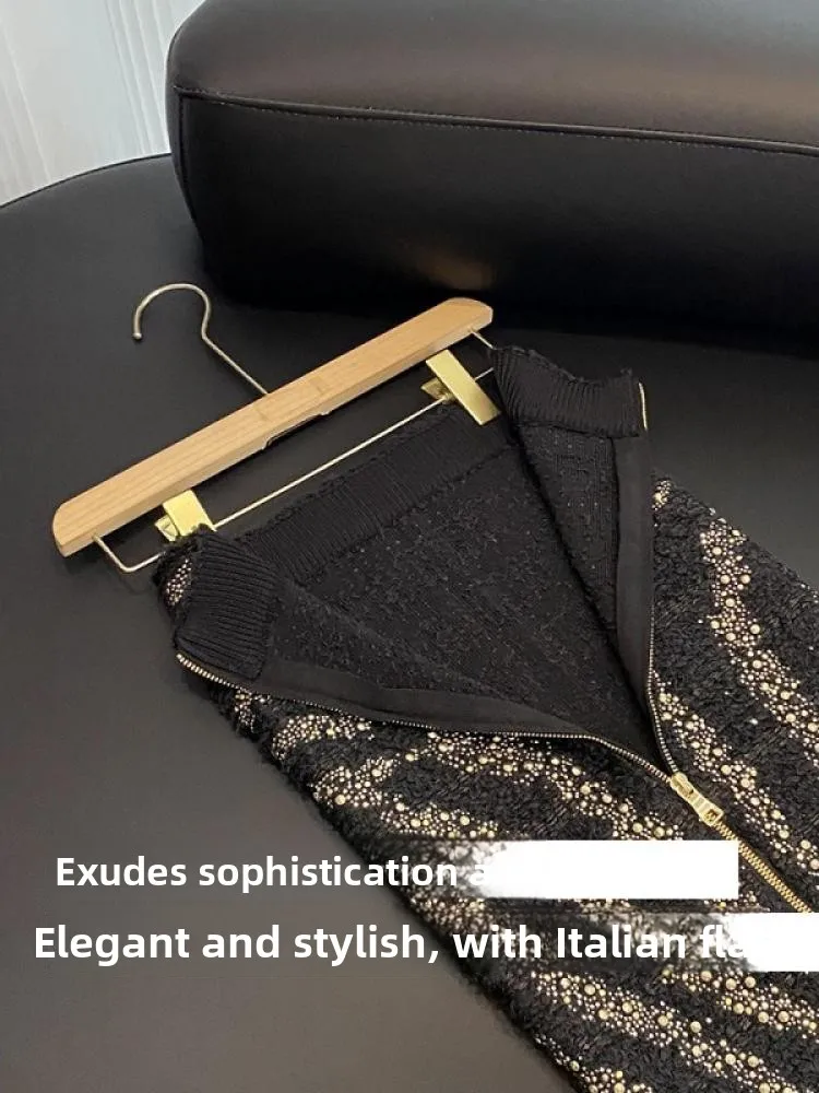 2025年冬 レディース ニット ハーフスカート ラインストーン付き 新ファッション 通勤 シンプルスタイル シティ通勤 スタンダードフィット