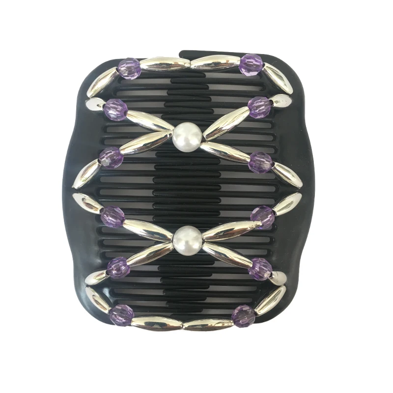 40Pcs/lot Purple Silver Turquoise beads Interlocking Magic Hair Combs for Women Wood Beaded Stretch Double Hair Side Combs Adjus