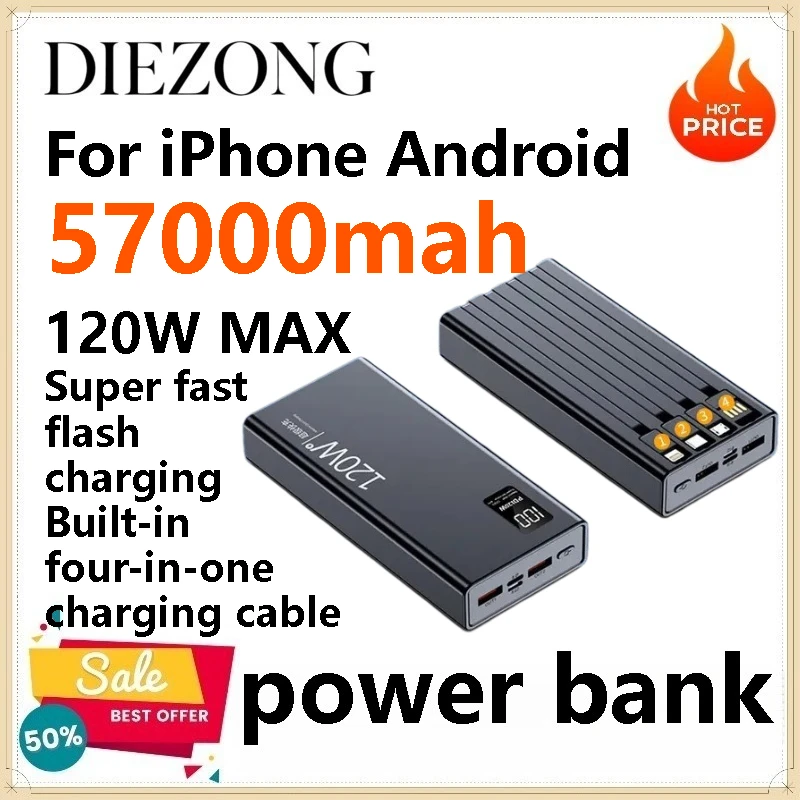 

120W Super Fast Charging 57000mAh Built-in 4 Cables Power Bank Portable External Battery for IPhone Android