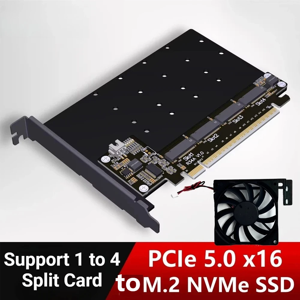 PCIE 5.0 X16 To 4 Ports M.2 NVMe Expansion Card 1 To 4 Fan Kit Solid State Drive SSD Gen5 4x 128Gbps 4-Disks Split Adapter R34A