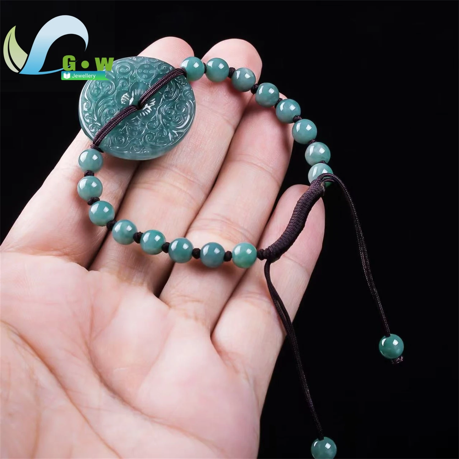 Natural A Grade Jadeite Blue Water Carved Safety Pendant Beaded Bracelet Peace Symbol Unisex Exquisite Ethnic Style Jewelry Gift