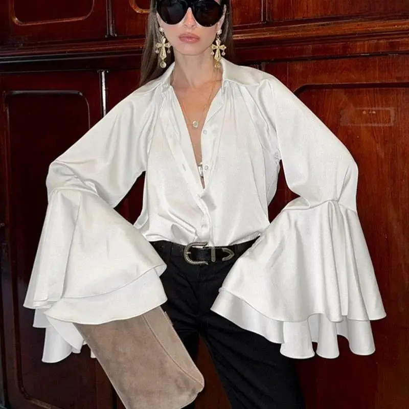 

Новая женская блузка Ele White Silk Commute из полиэстера, весна 2026, с рукавами-колокол, А-силуэт, не мнется