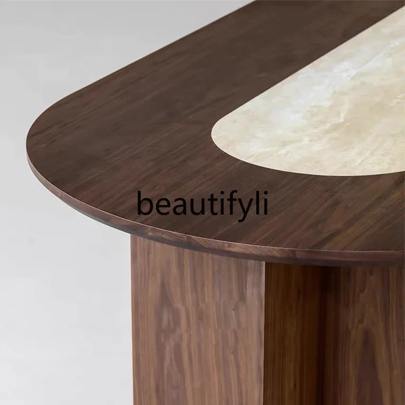 Medieval oval solid wood dining table Minimalist retro walnut color travertine household dining table