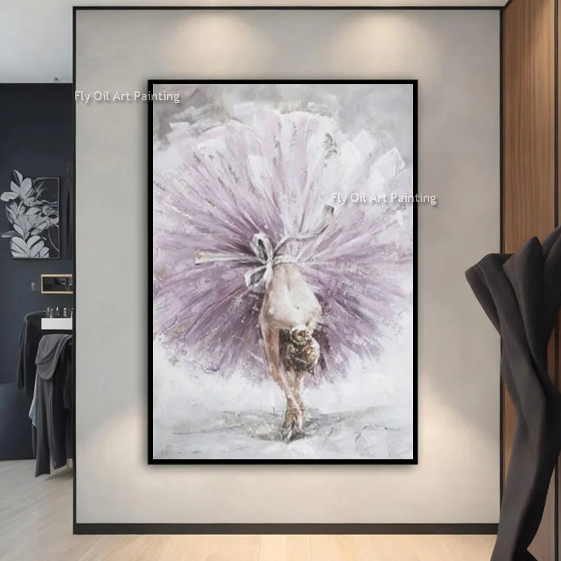 Handpainted White Grey Artwork New Original Girls With White Dress Dancing Ballet Oil Painting Large Pink White Set Of Three Art