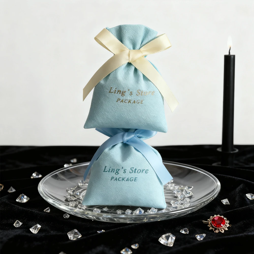 

50pcs Baby Blue Personalized Logo Jewelry Muslin Cotton Ribbon Bag Wedding Birthday Favors Candy Organizer Burlap Earrings Pouch