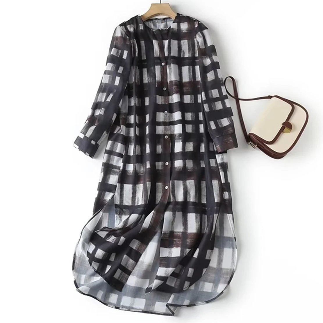 

Withered 2024 Summer Printing Loose Long Shirt Dress British Fashion Elegant Plaid Elegant Dress Woman